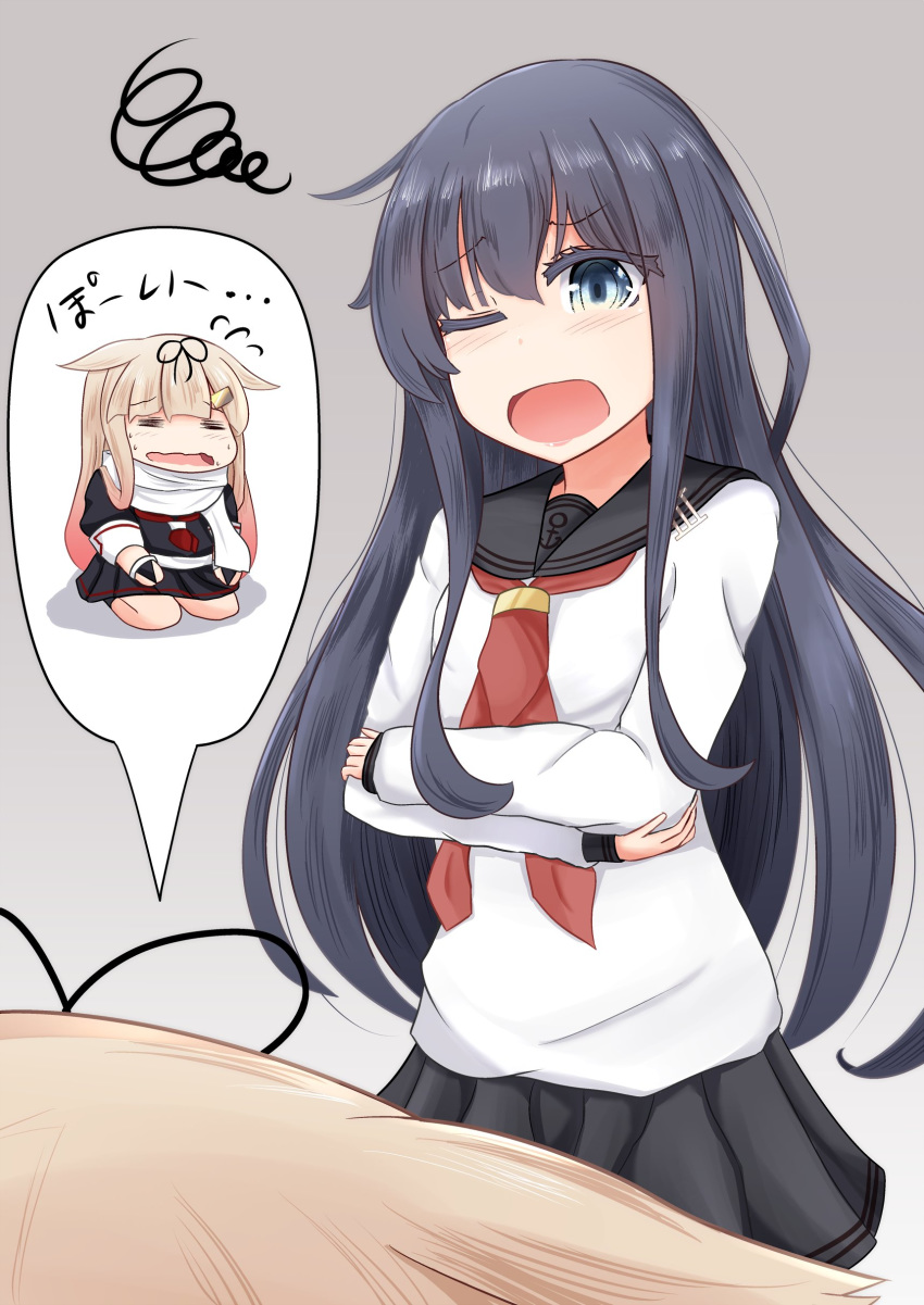 2girls absurdres akatsuki_(kantai_collection) black_serafuku blonde_hair crossed_arms eyebrows_visible_through_hair hair_between_eyes hair_flaps hair_ornament hair_ribbon hairclip highres kantai_collection long_hair multiple_girls neckerchief noyomidx open_mouth pleated_skirt purple_hair remodel_(kantai_collection) ribbon scarf school_uniform serafuku skirt translated yuudachi_(kantai_collection)