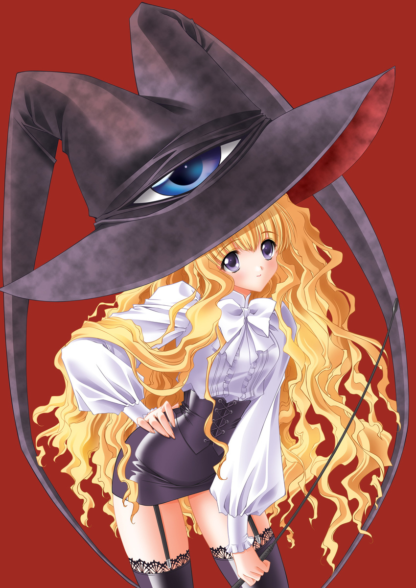 absurdres blonde_hair bow carnelian garter_straps hands_on_hips hat highres lilith_(yamibou) long_hair long_sleeves purple_eyes simple_background skirt smile solo thighhighs very_long_hair whip witch_hat yami_to_boushi_to_hon_no_tabibito