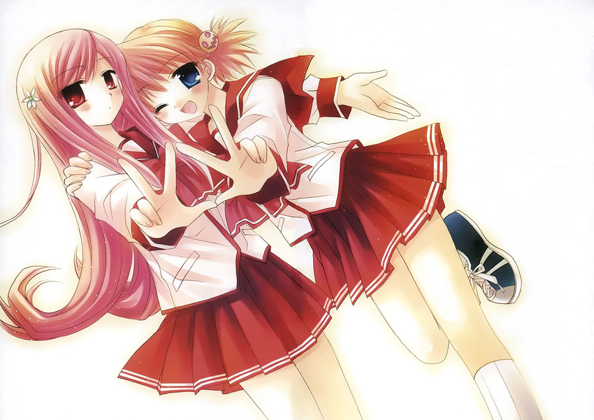 blue_eyes highres long_hair long_sleeves lucy_maria_misora multiple_girls orange_hair pink_hair red_eyes sakurazawa_izumi sasamori_karin school_uniform serafuku to_heart_2