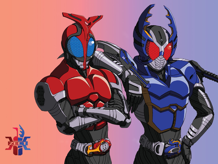 belt blue_helmet bodysuit buckle hand_on_hip horns kamen_rider kamen_rider_gatack kamen_rider_kabuto kamen_rider_kabuto_(series) multiple_boys red_eyes solaris upper_body