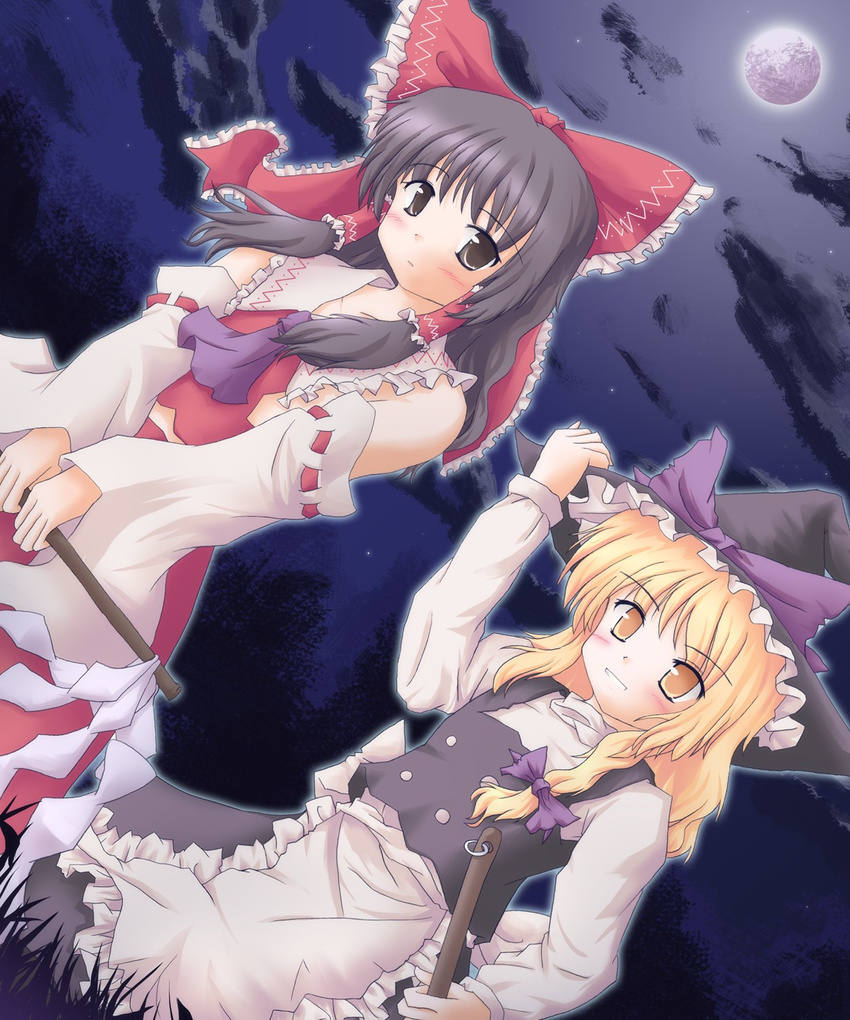 apron ascot bare_shoulders black_eyes black_hair black_hat blonde_hair bow broom cloud detached_sleeves dutch_angle frilled_apron frilled_bow frilled_hair_tubes frills full_moon gohei grass hair_bow hair_tubes hakurei_reimu hat hat_bow highres kirisame_marisa long_hair long_sleeves lzh moon multiple_girls night night_sky purple_bow purple_neckwear red_bow red_ribbon red_skirt ribbon ribbon-trimmed_sleeves ribbon_trim shirt skirt sky touhou waist_apron white_shirt witch witch_hat yellow_eyes