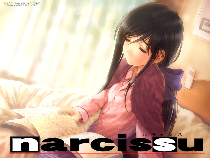 bangs bed black_hair book bow closed_eyes collarbone company_name copyright_name english goto_p hair_bow highres indoors long_hair long_sleeves low_ponytail morning narcissu number open_book pajamas pillow ponytail shinohara_himeko solo swept_bangs wallpaper