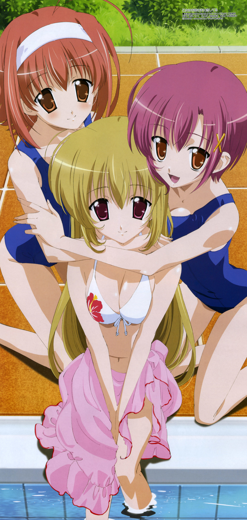 absurdres ahoge bikini blonde_hair blush breast_squeeze breasts brown_eyes cleavage girl_sandwich grass hair_ornament hairband hairclip happy highres hug kamioka_yukari kneeling long_hair looking_at_viewer magazine_scan medium_breasts megami mikado_mariya miyanokouji_mizuho multiple_girls non-web_source official_art one-piece_swimsuit otome_wa_boku_ni_koishiteru pink_hair pink_sarong pool poolside purple_eyes purple_hair sandwiched sarong scan school_swimsuit shimazawa_noriko short_hair sitting small_breasts smile soaking_feet swimsuit v_arms water