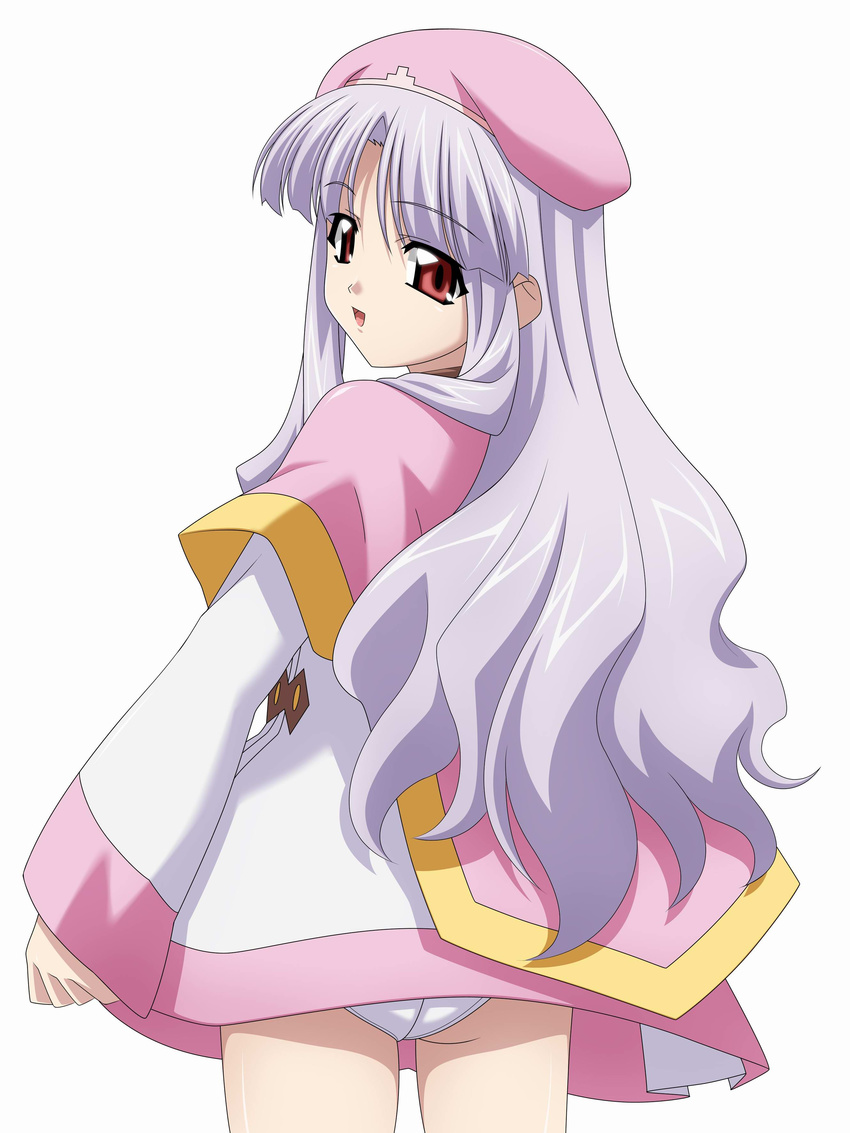 absurdres azmaria_hendric back beret chrono_crusade dress hat highres long_hair long_sleeves looking_back multicolored multicolored_clothes multicolored_dress panties pantyshot pantyshot_(standing) red_eyes short_dress solo standing sugimura_tomokazu underwear white_hair white_panties