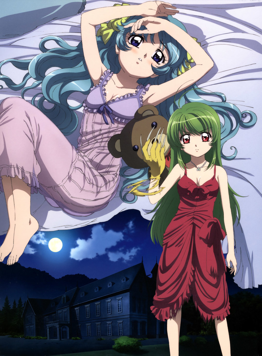angry antenna_hair armpits arms_up artist_request barefoot bed blue_eyes blue_hair blush bow breasts building claws cleavage cloud dress feet flat_chest from_above frown green_hair highres inukami! jewelry lingerie long_hair lying medium_breasts moon multiple_girls necklace night night_sky nightgown official_art on_back outdoors pendant red_eyes scan shindou_kei_(inukami) sky standing stuffed_animal stuffed_toy teddy_bear torn_clothes underwear very_long_hair wavy_hair youko_(inukami)