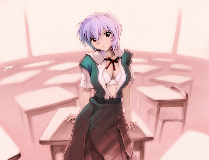 ayanami_rei blue_hair highres kobayashi_yuuji neon_genesis_evangelion open_clothes open_shirt school_uniform shirt solo