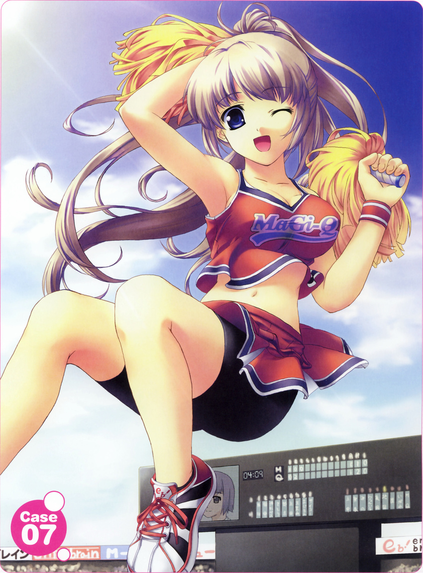 absurdres armpits artist_request bike_shorts blue_eyes breasts brown_hair cheerleader copyright_request highres jumping long_hair medium_breasts one_eye_closed open_mouth pom_poms ponytail skirt solo spandex wristband