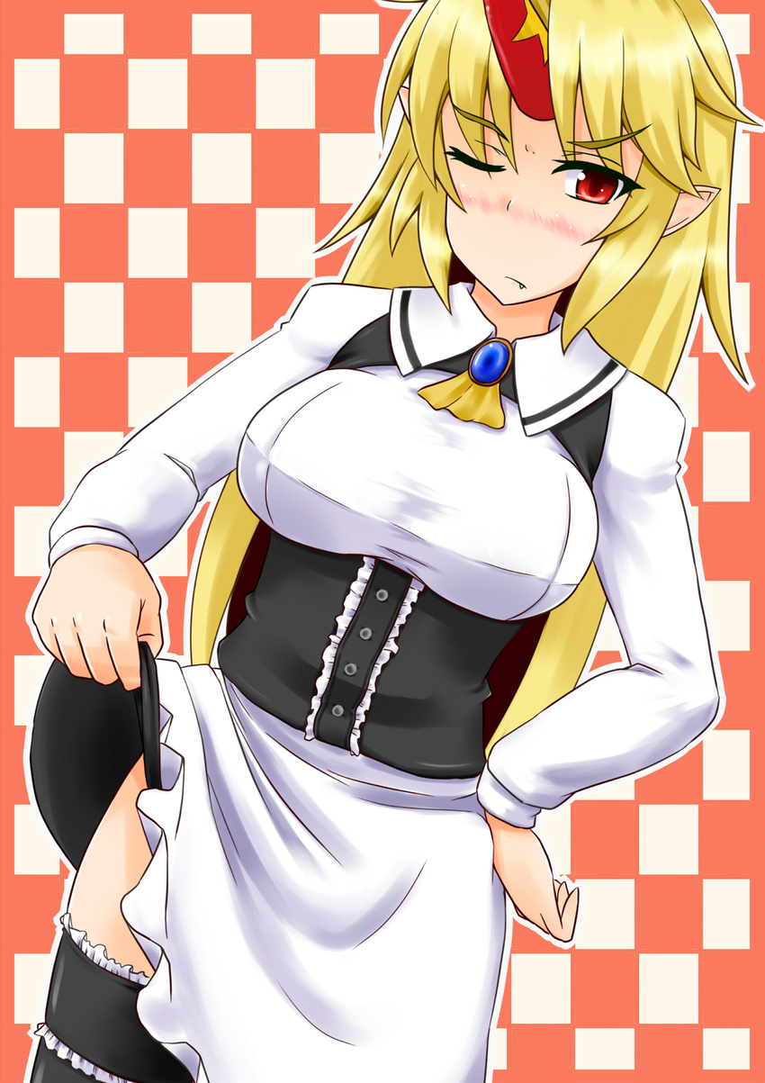 alternate_costume amau_(kosmos) bad_id bad_pixiv_id blonde_hair blush enmaided fang garters highres horn hoshiguma_yuugi long_hair maid pointy_ears red_eyes solo thighhighs touhou