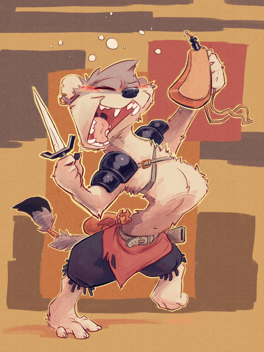 3:4 alcohol animancer anthro armor bandage beverage blush clothed clothing dagger digitigrade drunk eyes_closed fur grey_body grey_fur hi_res long_torso mammal melee_weapon mustelid musteline open_mouth partially_clothed pauldron simple_background solo standing stoat substance_intoxication true_musteline weapon weasel