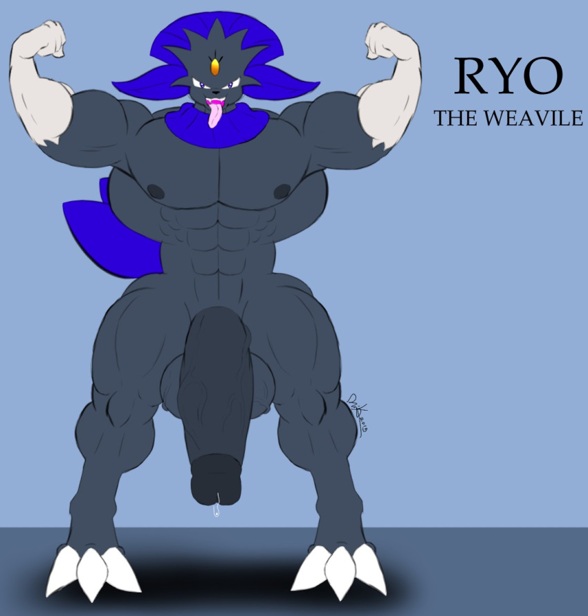 3_toes anthro balls big_penis black_body blue_eyes feet generation_4_pokemon genitals huge_penis male muscular muscular_male nintendo penis pokemon pokemon_(species) riku9797 ryo_the_weavile solo toes weavile