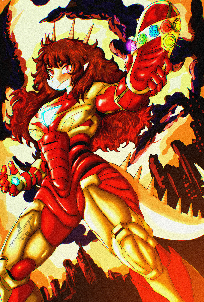 2026 5_fingers abstract_background absurd_res anthro aquilops armor artist_name big_tail brown_hair cavemanon_studios ceratopsian chromatic_aberration clothing cosplay crossover crossover_cosplay curvy_figure digital_drawing_(artwork) digital_media_(artwork) dinosaur eyelashes facial_horn female fingers flip_flops footwear goodbye_volcano_high hair head_spikes hi_res horn infinity_stone iron_man ko_op_(game_developer) light_body light_scales long_hair long_tail looking_at_viewer marginocephalian marvel multicolored_body multicolored_scales nose_horn orange_body orange_scales ornithischian pose prehistoric_species red_eyes reptile rosa_(gvh) sandals scales scalie shoes snoot_game solo spiked_tail spikes spikes_(anatomy) tail text thick_thighs two_tone_body two_tone_scales vvurm_drama watermark wide_hipped_anthro wide_hipped_female wide_hips