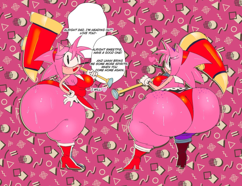 accessory amy_rose anthro big_butt bodily_fluids boots butt clothing dialogue dress english_text eulipotyphlan female footwear freckled_butt freckles gloves hair_accessory hairband hammer handwear hedgehog hi_res huge_butt mammal offscreen_character pattern_background pink_background scottie-kinks sega shoes simple_background smile solo sonic_the_hedgehog_(series) speech_bubble sweat sweaty_butt text tools underwear