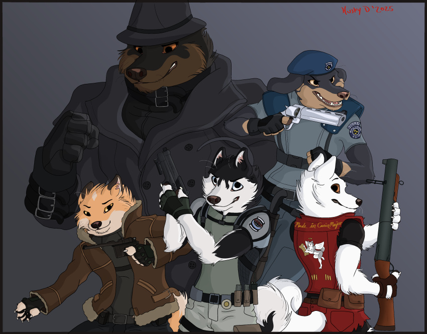 absurd_res ace_(gthusky) angel anthro anubis_(gthusky) bad_gun_safety belt biped black_body black_fur brown_body brown_fur canid canine canis choker claire_(gthusky) claws clothed clothing cosplay crossover crossover_cosplay dobermann dog_treat domestic_dog feathered_wings feathers female fingerless_gloves fist fur fx_(gthusky) gloves group gthusky gun handgun handwear hi_res holding_object holding_ranged_weapon holding_weapon husky_(gthusk) jacket jewelry looking_at_viewer looking_back male mammal multicolored_body multicolored_fur necklace paws pet_food pinscher pistol ranged_weapon rifle simple_background smile tail tan_body tan_fur topwear vest weapon white_body white_fur wings