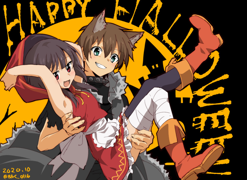 1boy 1girl animal_ears banchii bandaged_leg bandages black_hair black_legwear blush brown_hair carrying dated dress halloween happy_halloween hat jacket kono_subarashii_sekai_ni_shukufuku_wo! megumin open_mouth pout princess_carry red_eyes red_hood satou_kazuma short_hair single_thighhigh smile thighhighs twitter_username witch_hat wolf_ears