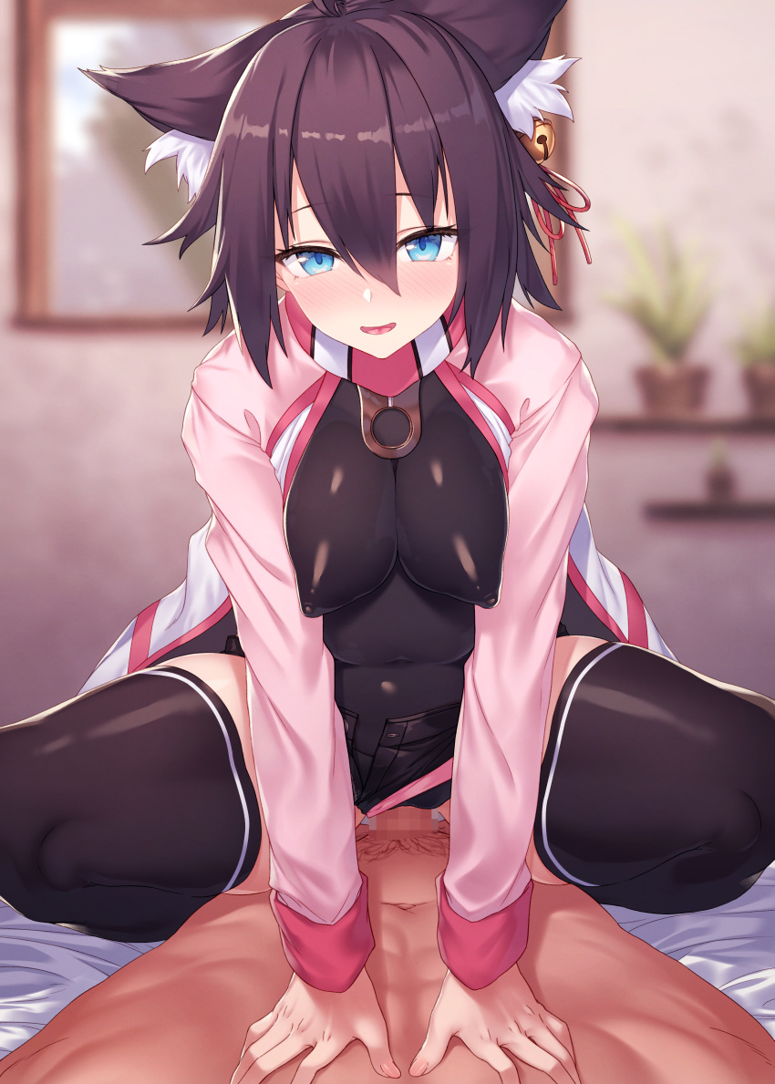 1boy 1girl absurdres bangs blue_eyes blush borrowed_character breasts cowgirl_position girl_on_top hetero highres ibuki_notsu large_breasts long_sleeves looking_at_viewer open_mouth original pussy sex short_hair smile straddling vaginal