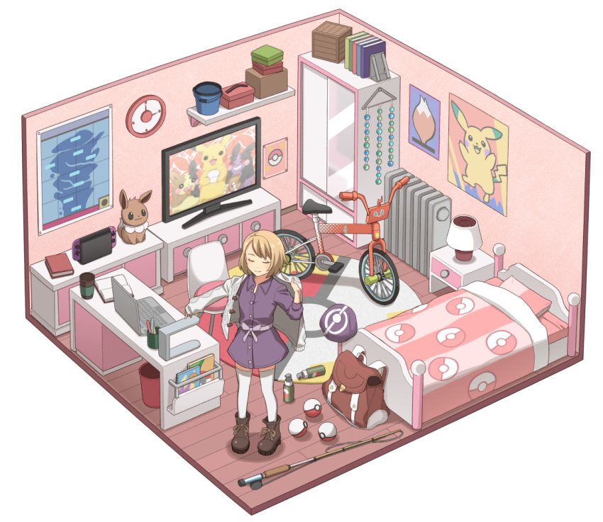 1girl backpack backpack_removed bag bed bob_cut book boots brown_backpack buttons cardigan chair clock closed_eyes closed_mouth clothes_hanger collared_dress commentary_request desk dress dressing eevee fishing_rod gen_1_pokemon gloria_(pokemon) hat headwear_removed itou_(mogura) nintendo_switch pikachu poke_ball poke_ball_(basic) pokemon pokemon_(game) pokemon_swsh poster_(object) purple_dress purple_headwear rotom_bike sash shelf short_hair smile socks standing tam_o'_shanter television trash_can wardrobe white_cardigan