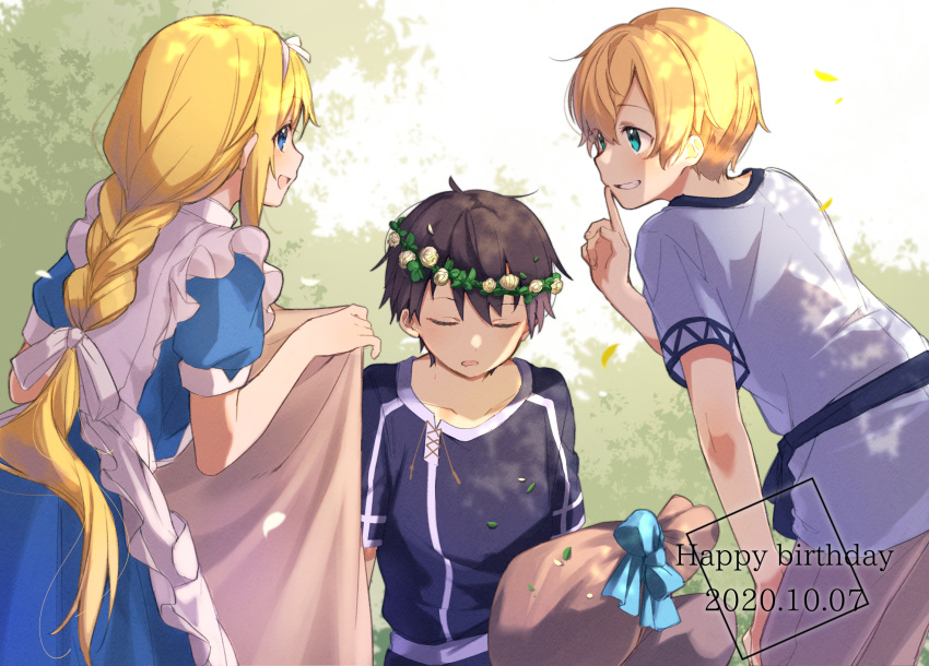 1girl 2boys alice_zuberg apron bangs black_hair blonde_hair blue_bow blue_dress blue_eyes blue_shirt bow braid braided_ponytail child collarbone commentary_request dated dress eugeo eyebrows_visible_through_hair finger_to_mouth from_behind hand_on_own_knee happy_birthday head_wreath highres holding_blanket index_finger_raised kirito leaning_forward long_hair multiple_boys noro_(ro_no) open_mouth ribbon shirt short_hair short_sleeves shushing single_braid sitting sleeping smile sword_art_online sword_art_online:_alicization very_long_hair white_apron