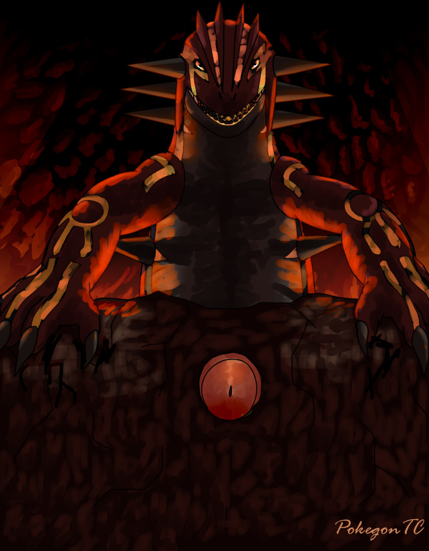 2020 belly big_penis cave claws detailed_background digital_media_(artwork) erection feral genitals grey_belly grey_claws grey_spikes groudon hi_res legendary_pok&eacute;mon male markings masturbation nintendo orange_penis penetration penile penile_masturbation penis pok&eacute;mon pok&eacute;mon_(species) primal_reversion red_body rock solo spikes t-ace_juice teeth video_games yellow_eyes