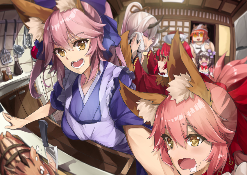 6+girls absurdres anger_vein animal_ear_fluff animal_ears apron bangs benienma_(fate/grand_order) bird_hat black_horns blue_bow blue_kimono blush bow breasts brown_hair closed_eyes damow_(myway83522) drooling fate/extra fate/grand_order fate_(series) food fox_ears fox_girl fox_tail fujimaru_ritsuka_(female) hair_bow hairband highres horns idiot_sandwich japanese_clothes kimono kitchen large_breasts long_hair long_sleeves looking_at_viewer multiple_girls object_on_head oni_horns onigiri open_mouth orange_eyes orange_hair osakabe-hime_(fate/grand_order) panties panties_on_head piglet pink_hair ponytail purple_eyes red_bow red_eyes red_hair red_kimono riyo_(lyomsnpmp)_(style) short_hair sidelocks silver_hair sparkling_eyes tail tamamo_(fate)_(all) tamamo_cat_(fate) tamamo_no_mae_(fate) tomoe_gozen_(fate/grand_order) twintails underwear very_long_hair wide_sleeves yellow_eyes