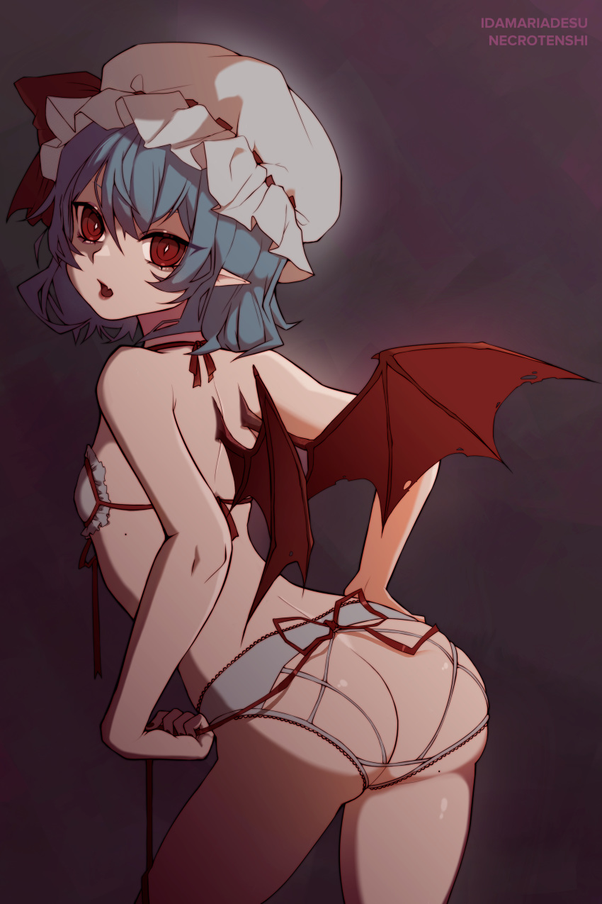 1girl absurdres ass backless_panties bat_wings blue_hair blush bra dark_background fang frilled_bra frills hat highres idamaria looking_at_viewer looking_back mob_cap mole mole_on_ass mole_on_body open_mouth panties red_eyes remilia_scarlet ribbon shiny shiny_skin short_hair shoulder_blades simple_background solo touhou underwear white_bra wings