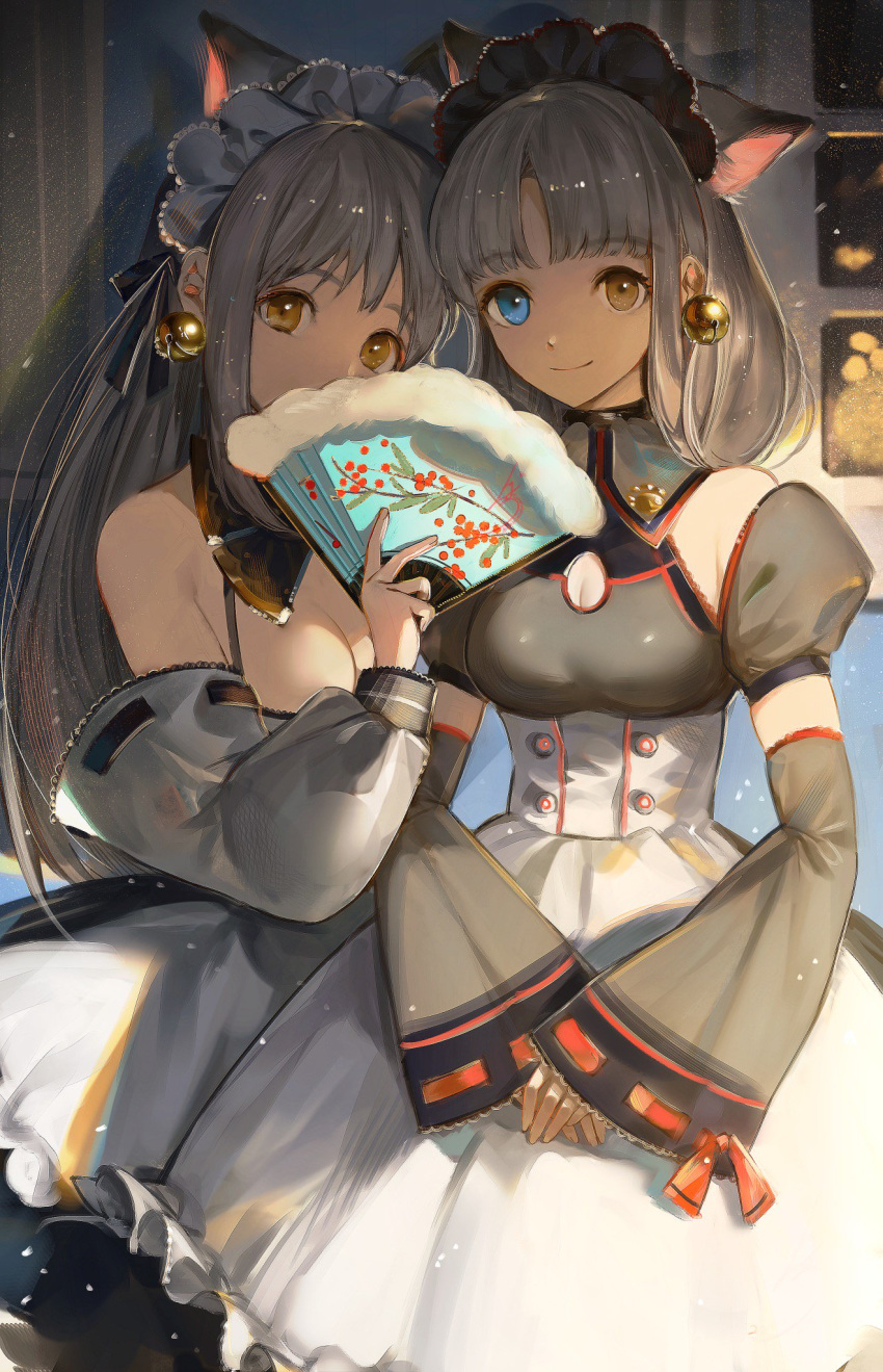 2girls animal_ears apron bell bell_earrings blue_eyes breasts cat_ears cleavage closed_mouth covering_mouth detached_sleeves earrings fan folding_fan grey_hair heterochromia highres holding holding_fan hoojiro jewelry jingle_bell long_hair long_sleeves looking_at_viewer maid medium_breasts multiple_girls original puffy_detached_sleeves puffy_short_sleeves puffy_sleeves short_sleeves smile standing white_apron wide_sleeves yellow_eyes