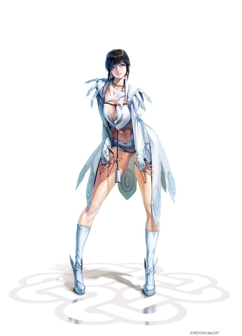 1girl absurdres biting black_hair blue_eyes boots coat earrings han_ahreum hands_on_own_thighs highres jewelry leaning_forward legs lip_biting long_coat long_legs mabinogi neck_ring official_art open_clothes open_coat original photoshop_(medium) short_hair short_shorts shorts tassel thighs