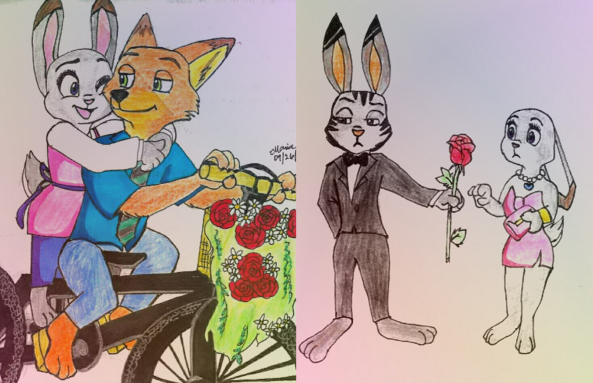 anthro bicycle canid canine clothed clothing dipstick_ears disney ears_down ears_up female flower fox group inner_ear_fluff jack_savage judy_hopps kissing lagomorph lepo leporid limeyandthecrimp male male/female mammal multicolored_ears nick_wilde pivoted_ears plant rabbit red_fox romantic_couple rose_(flower) short_tail tuft zootopia