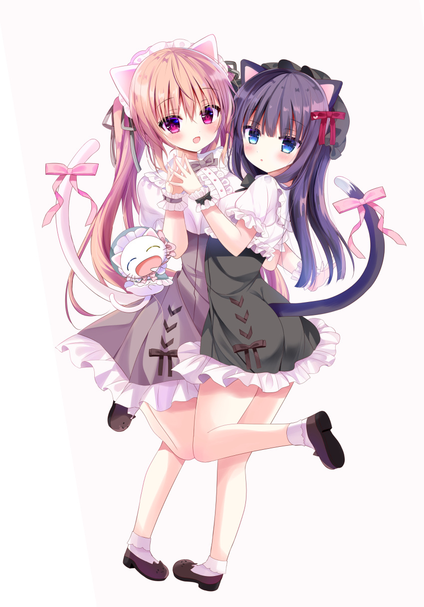 2girls absurdres animal_ears bangs black_headwear black_ribbon black_skirt blue_eyes bow breasts brown_background brown_footwear brown_hair brown_skirt cat_ears cat_girl cat_tail center_frills collared_shirt commentary_request eyebrows_visible_through_hair frilled_skirt frills hair_between_eyes hair_ribbon hands_together hat highres medium_breasts mob_cap multiple_girls original pink_bow puffy_short_sleeves puffy_sleeves purple_eyes purple_hair ribbon shirt shiwasu_horio shoe_soles shoes short_sleeves skirt socks standing standing_on_one_leg tail tail_bow tail_raised two-tone_background white_background white_legwear white_shirt wrist_cuffs