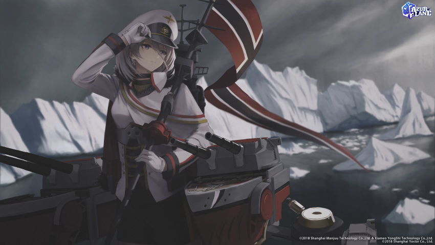 1girl absurdres azur_lane black_skirt blue_eyes breasts capelet closed_mouth cloud cloudy_sky coat commentary copyright_name cowboy_shot cross cross_earrings earrings english_commentary expressionless flag gloves grey_sky hand_on_headwear hara_shoutarou hat highres holding holding_flag ice_floe iceberg iron_cross jewelry logo long_sleeves medium_breasts military military_hat military_uniform ocean official_art peaked_cap rigging short_hair silver_hair skirt sky solo tirpitz_(azur_lane) turret uniform water watermark white_capelet white_coat white_gloves white_headwear