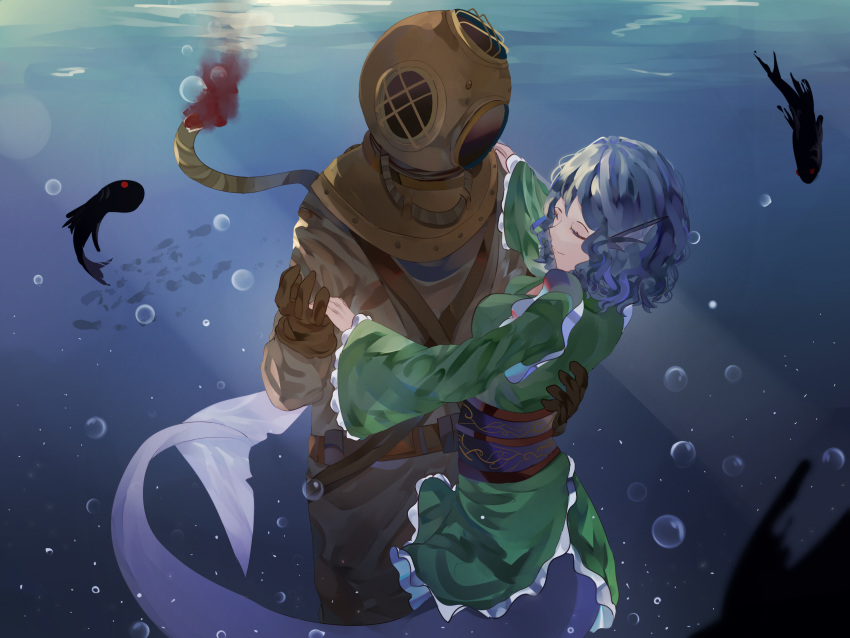 1girl 1other air_bubble animal asphyxiation blood blue_hair broken bubble closed_eyes closed_mouth commentary dancing diving diving_helmet diving_suit drowning english_commentary facing_another fish frilled_kimono frills green_kimono hand_on_another's_shoulder head_fins helmet highres holding_hands hose japanese_clothes kimono long_sleeves mermaid monster_girl naufaldreamer obi red_eyes sash scuba scuba_gear short_hair silhouette swimming touhou underwater wakasagihime wide_sleeves