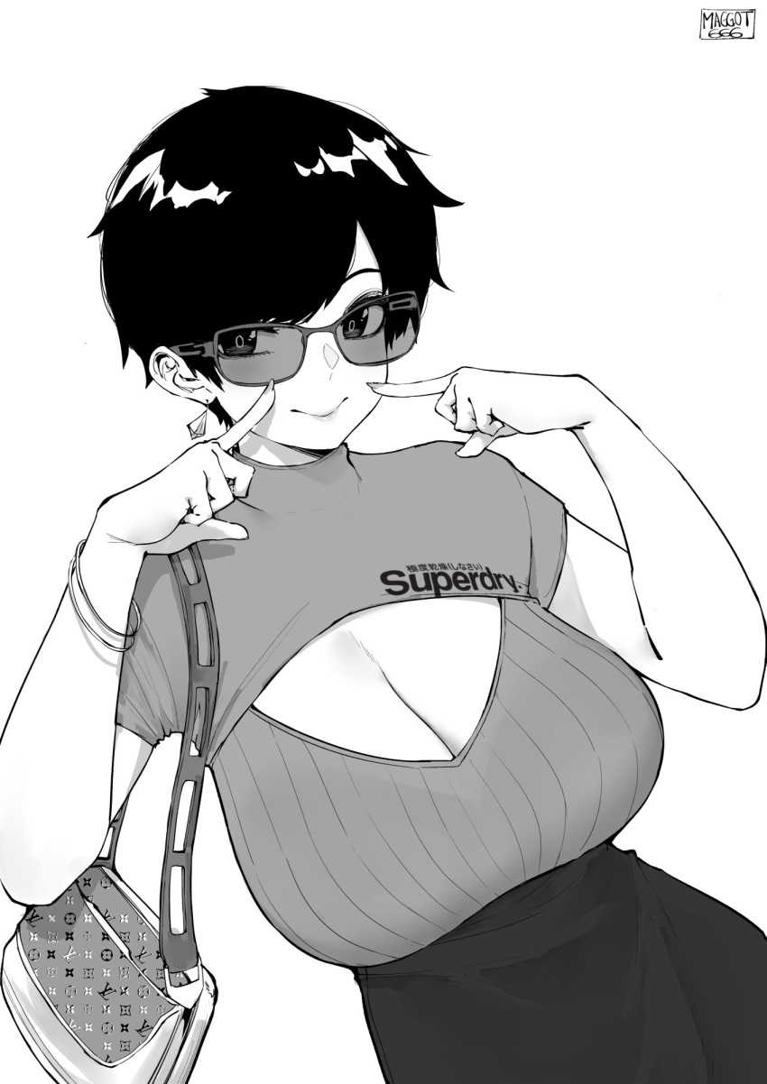1girl bag bangs black_hair black_skirt bracelet breasts cleavage cleavage_cutout closed_mouth clothing_cutout earrings finger_to_mouth greyscale handbag highres jewelry large_breasts monochrome norman_maggot olive_laurentia original pixie_cut short_hair short_sleeves skirt smile sunglasses white_background
