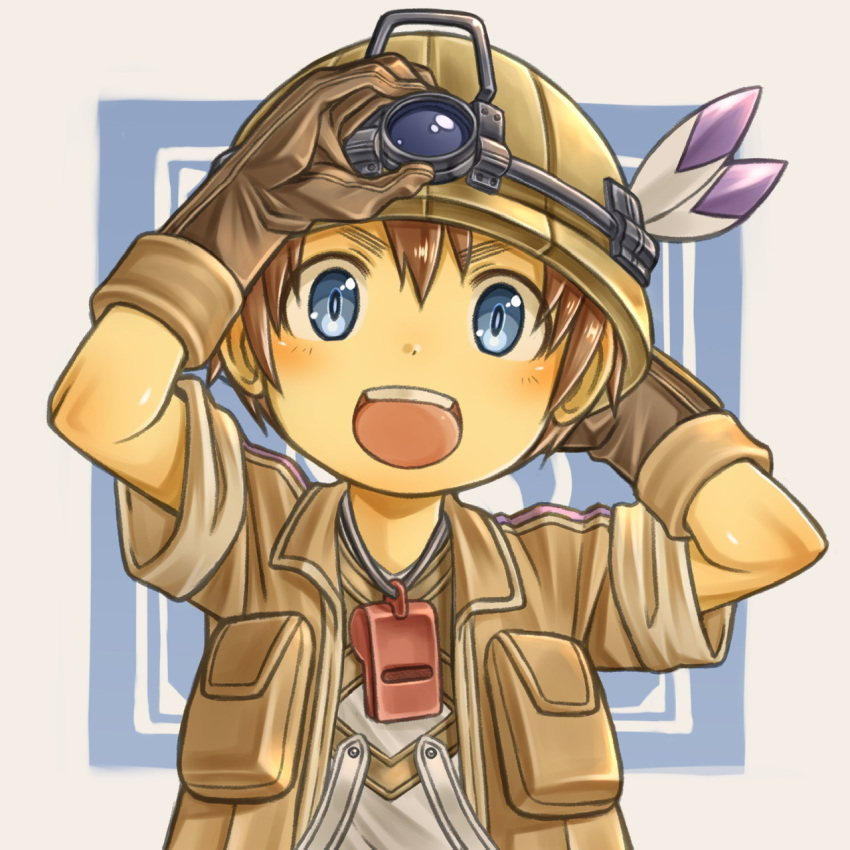 1boy :d arm_behind_head arms_up bangs blue_eyes blush brown_gloves brown_hair brown_jacket child commentary_request gloves happy hat_feather helmet highres jacket looking_at_viewer made_in_abyss male_focus natt_(made_in_abyss) open_clothes open_jacket open_mouth rua_(pixiv292244) shirt short_hair short_sleeves smile solo upper_body upper_teeth whistle whistle_around_neck