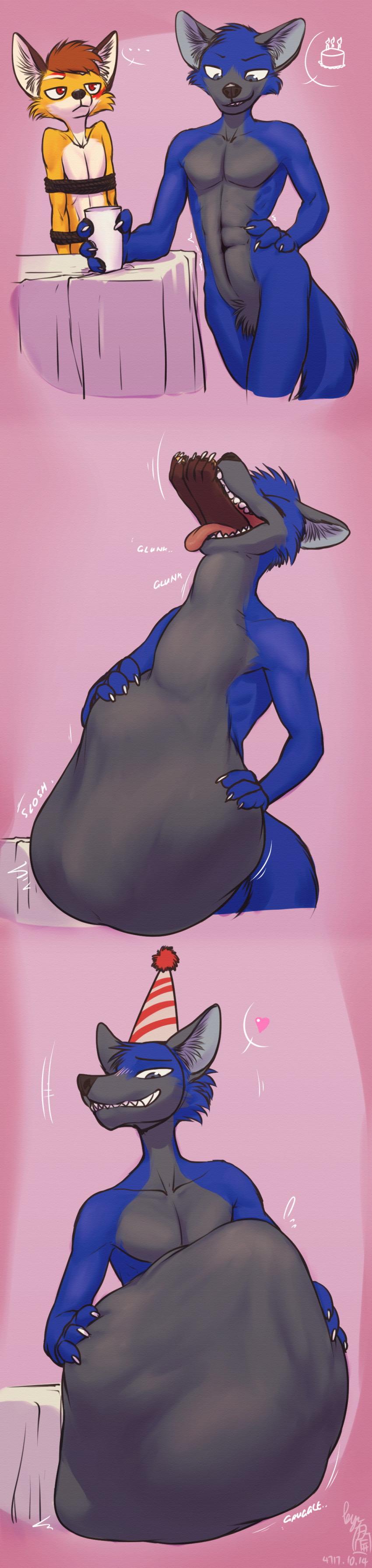 &lt;3 ... 2020 4_fingers 4_toes abdominal_bulge abs absurd_res after_vore anthro anthro_pred anthro_prey arm_support aroused athletic athletic_anthro athletic_male barefoot belly big_belly biped birthday birthday_cake birthday_hat black_eyebrows black_nose blue_body blue_fur blush brown_ears brown_hair cake canid canine cheek_tuft claws comic countershade_torso countershading cramped crotch_tuft dated digital_drawing_(artwork) digital_media_(artwork) duo eyebrows eyes_closed facial_markings facial_tuft fangs fingers fluffy fluffy_tail food fox front_view fur fur_tuft furniture glass grey_countershading grey_ears grey_eyes grey_text hair half-closed_eyes hand_on_hip hand_on_stomach happy head_first head_markings head_tuft hi_res holding_belly holding_object holding_stomach hungry hyper hyper_belly in_mouth inner_ear_fluff long_image looking_at_another looking_at_belly looking_down lunlunfox lunlunfox_(character) male male_pred male_prey mammal markings monty_(blancmont) mostly_nude motion_lines multicolored_body multicolored_fur multiple_scenes narrowed_eyes navel neck_bulge nude number open_mouth oral_vore paws pecs pink_background red_eyes red_markings restrained rope rumbling_stomach same_size_vore satisfied short_hair signature simple_background smile smirk soft_vore sound_effects speech_bubble standing swallowing table tall_image tan_tongue teeth text three-quarter_view toes tongue tongue_out tuft unimpressed vore watermark white_body white_claws white_countershading white_eyebrows white_fur white_text yellow_body yellow_fur