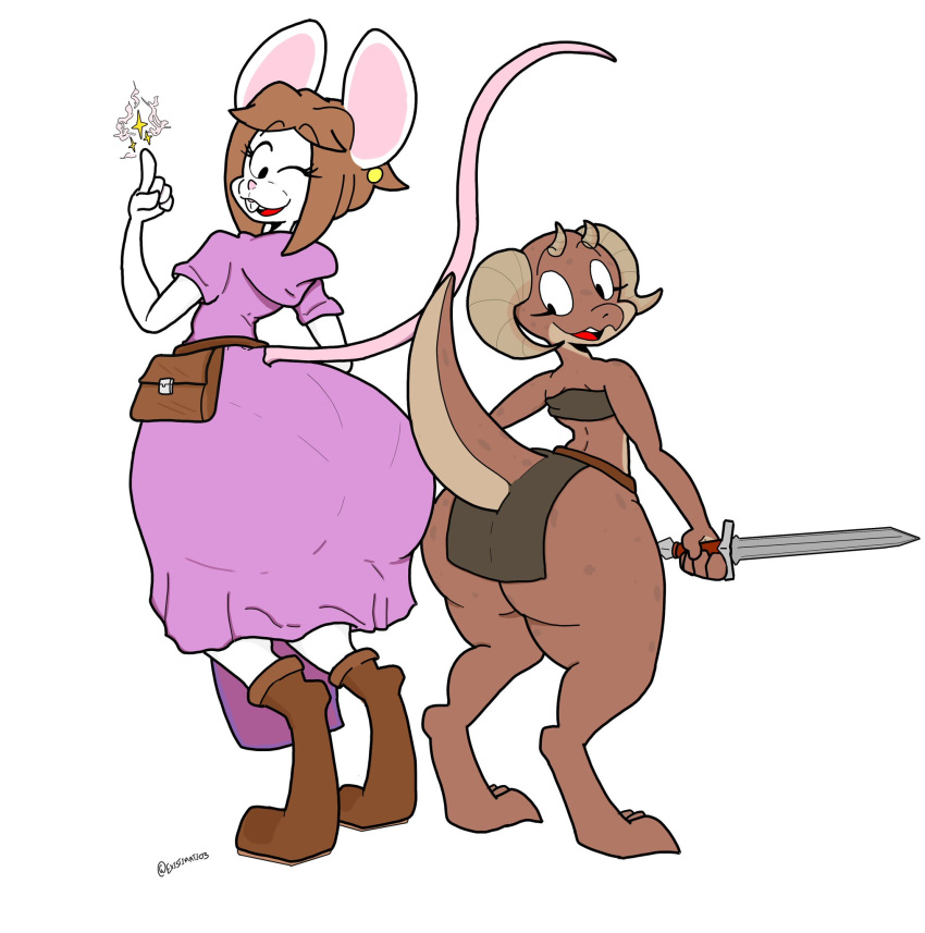 anthro belt big_butt boots bottomwear breasts brown_hair buckteeth butt clothed clothing dress duo english_text existimatio female footwear fur hair handbag hi_res horn kobold long_tail looking_at_another looking_back mammal melee_weapon mouse murid murine one_eye_closed open_mouth piko pink_clothing pink_dress pink_nose pon_maglikian rodent scalie short_hair smile sword teeth text thick_thighs topwear watermark weapon white_body white_fur wide_hips wink