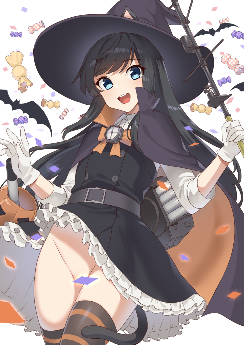 1girl animal_ears asashio_(kantai_collection) bat belt black_belt black_dress black_hair black_legwear blue_eyes candy cape cat_ears cat_tail convenient_censoring dress dress_lift food gloves halloween hat highres kantai_collection long_hair long_sleeves mizuki_eiru_(akagi_kurage) no_panties open_mouth petticoat pinafore_dress school_uniform shirt smile solo striped striped_legwear tail thighhighs torpedo_launcher white_gloves white_shirt witch_hat