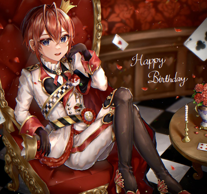 1boy absurdres bangs blue_eyes blush candle card crown flower formal heart_card highres looking_at_viewer red_hair riddle_rosehearts rose short_hair sitting suit syatihoko throne twisted_wonderland white_suit