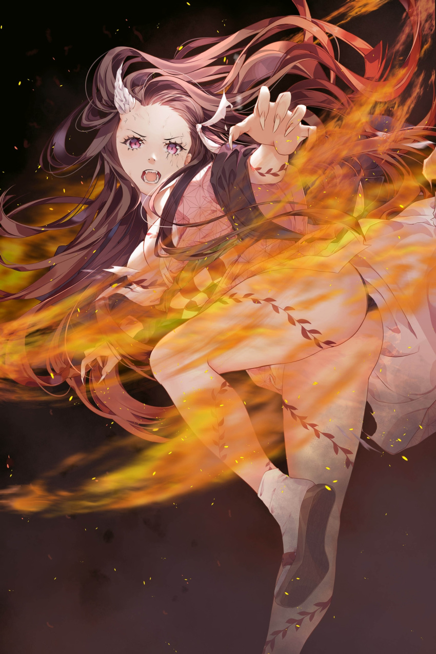 1girl asa_no_ha_(pattern) bamboo bit_gag black_haori boar_mask checkered_obi fingernails fire flame forehead forehead_scar gag gradient_hair haori highres horns japanese_clothes kamado_nezuko kimetsu_no_yaiba kimono kimono_skirt long_hair mirei-yume mouth_hold multicolored_hair open_mouth pink_eyes pink_kimono pink_ribbon ribbon sandals sharp_fingernails socks