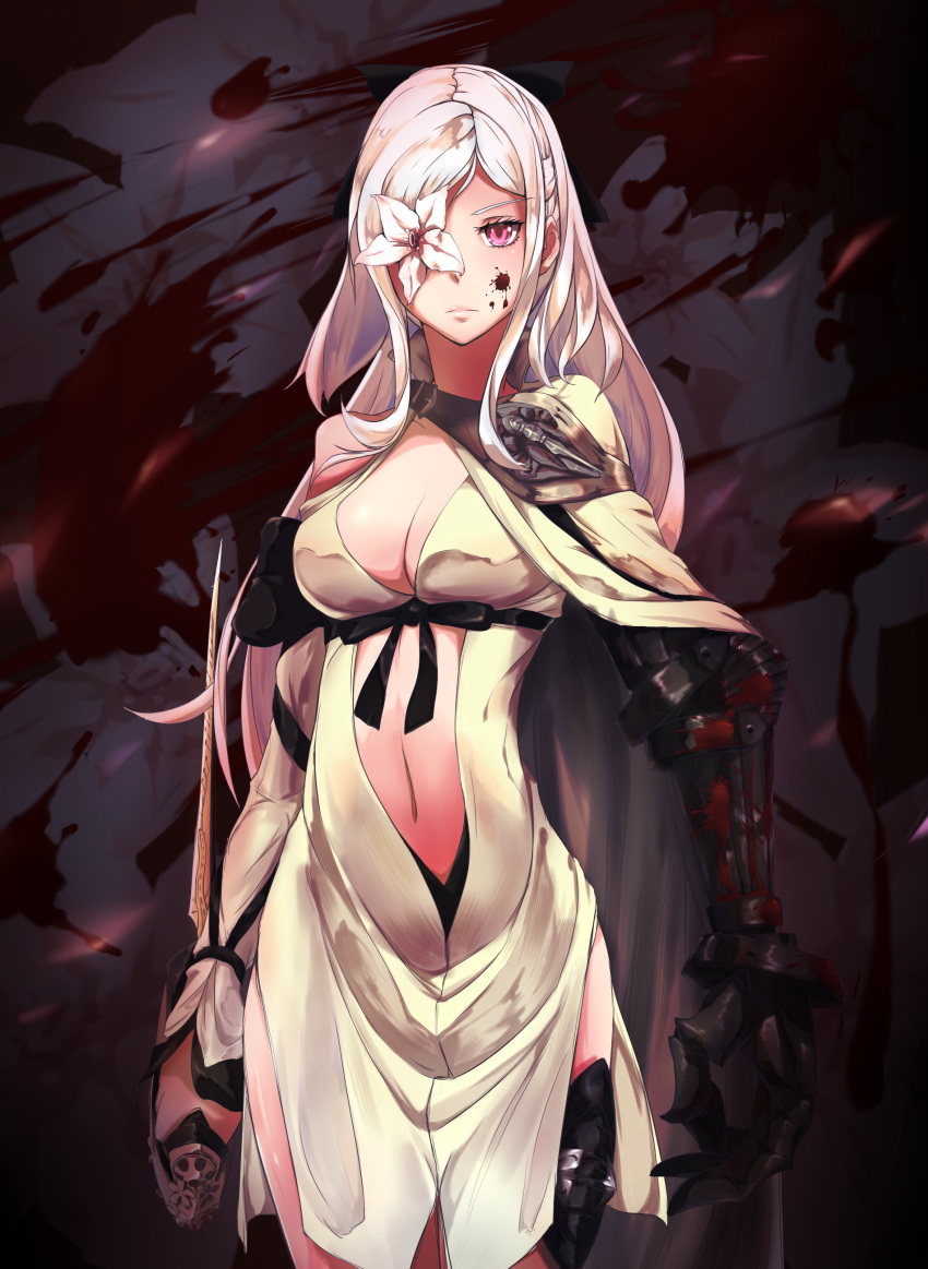 1girl absurdres blood breasts cleavage closed_mouth drag-on_dragoon drag-on_dragoon_3 dress flower_eyepatch gauntlets gloves highres long_hair looking_at_viewer navel pink_eyes sherumaa_(shellmound) solo sword weapon white_hair zero_(drag-on_dragoon)