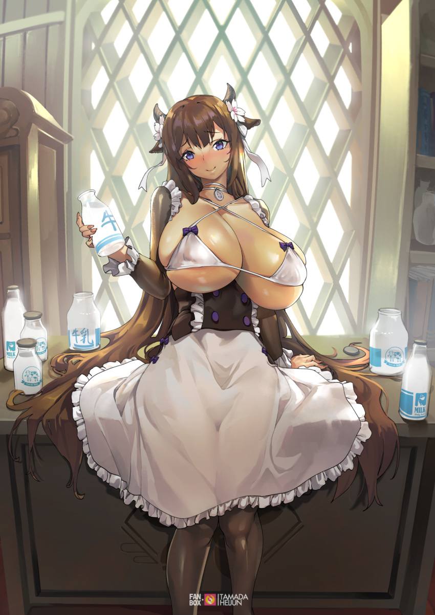 animal_ears azur_lane bangs bikini black_legwear blush bottle bow breasts brown_hair cleavage closed_mouth collarbone commentary cow_ears cow_horns desk english_commentary eyebrows_visible_through_hair flower frilled_sleeves frills hair_flower hair_ornament hair_ribbon hand_up highres holding holding_bottle horns huge_breasts indoors kashino_(azur_lane) long_hair looking_at_viewer milk_bottle mixed-language_commentary on_desk pixiv_username purple_bow purple_eyes raised_eyebrows ribbon sitting sitting_on_desk skindentation smile solo swimsuit tamada_heijun underboob very_long_hair watermark white_bikini white_ribbon wooden_wall