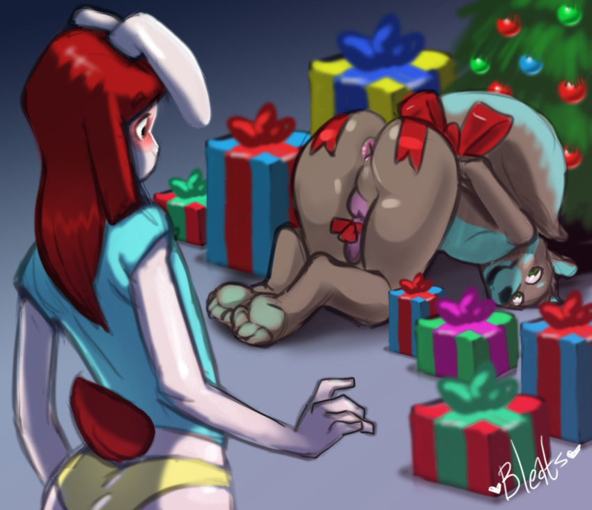 2016 accessory anthro anus arms_bound ass_up balls bleats blush bound butt christmas christmas_tree colored_sketch digital_media_(artwork) duo erection genitals girly hi_res holidays huggles kneeling lagomorph leporid looking_at_genitalia looking_at_penis looking_back male male/male mammal mustela mustelid musteline penis penis_accessory penis_bow penis_ribbon penis_tuck presenting presenting_hindquarters rabbit ribbons smile standing tree uniball