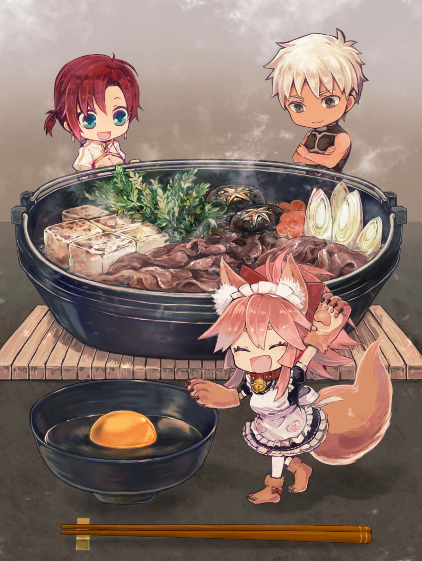 1boy 2girls animal_ears archer bamboo_shoot bell bell_collar boudica_(fate/grand_order) chibi chopsticks collar crossed_arms dark_skin dark_skinned_male earrings egg fang fate/grand_order fate_(series) food fox_ears fox_tail gloves highres jewelry maid meat multiple_girls paw_gloves paws shirou_(user_gmjt2527) smile sukiyaki tail tamamo_(fate)_(all) tamamo_cat_(fate) tofu