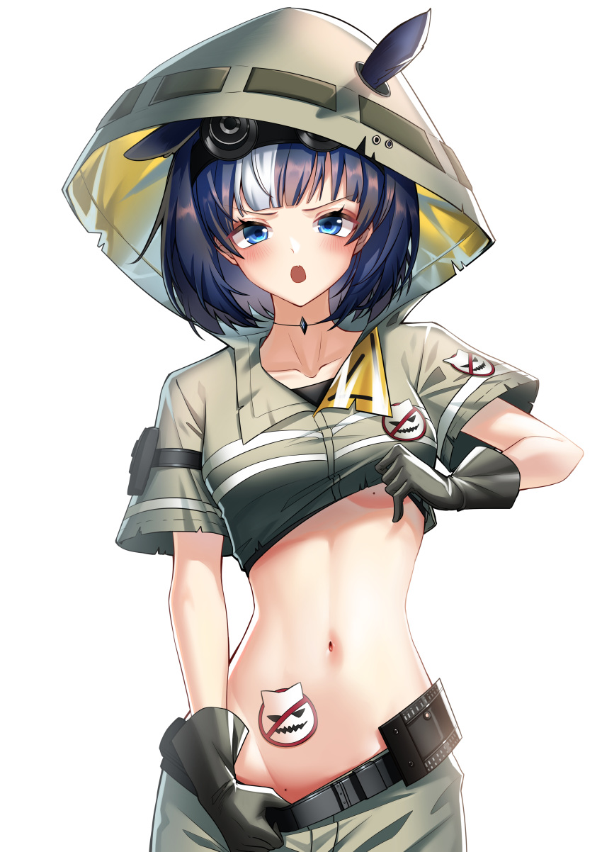 1girl :o absurdres animal_ears arknights bangs belt black_belt black_gloves blue_eyes blue_hair blunt_bangs blush breasts collarbone commentary_request cowboy_shot detached_hood ears_through_headwear fang glaucus_(arknights) gloves grey_shirt grey_shorts groin highres hood hood_up looking_at_viewer midriff mole mole_on_body mole_on_breast multicolored_hair navel night_vision_device open_mouth originium_(arknights) revision shirt shirt_lift short_hair short_sleeves shorts shorts_pull simple_background skin_fang small_breasts so_tsubasa solo standing stomach_tattoo streaked_hair tattoo underboob white_background white_hair