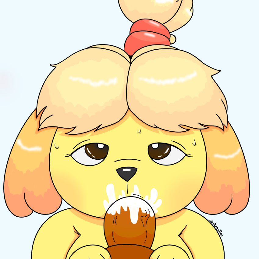 1:1 animal_crossing anthro bell black_nose blonde_hair bodily_fluids breasts brown_eyes canid canine canis cum cum_in_mouth cum_inside domestic_dog duo erection fellatio female female_focus fur genital_fluids genitals hair hi_res isabelle_(animal_crossing) looking_at_viewer male male/female mammal nintendo noirnoir nude oral oral_penetration penetration penile penis sex solo_focus vein video_games yellow_body yellow_fur