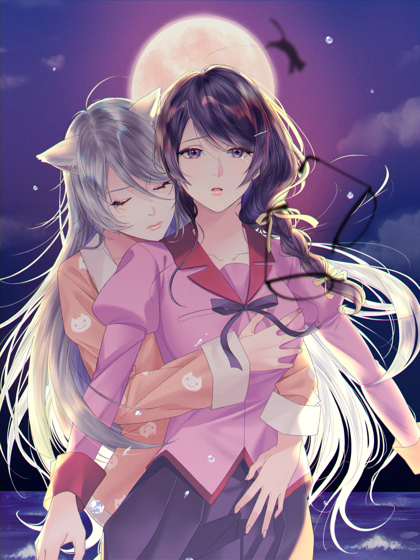 2girls absurdres ahoge animal_ears bakemonogatari bangs black_hanekawa braid breast_grab cat cat_ears chromatic_aberration closed_eyes glasses grabbing hair_between_eyes hanekawa_tsubasa highres hug hug_from_behind huge_filesize juliet_sleeves long_hair long_sleeves looking_at_viewer miu_888 monogatari_(series) moon multiple_girls naoetsu_high_school_uniform pajamas parted_lips pink_shirt pleated_skirt puffy_sleeves purple_eyes purple_hair purple_neckwear purple_skirt ribbon school_uniform senjougahara_hitagi shirt skirt very_long_hair white_hair yellow_eyes yuri