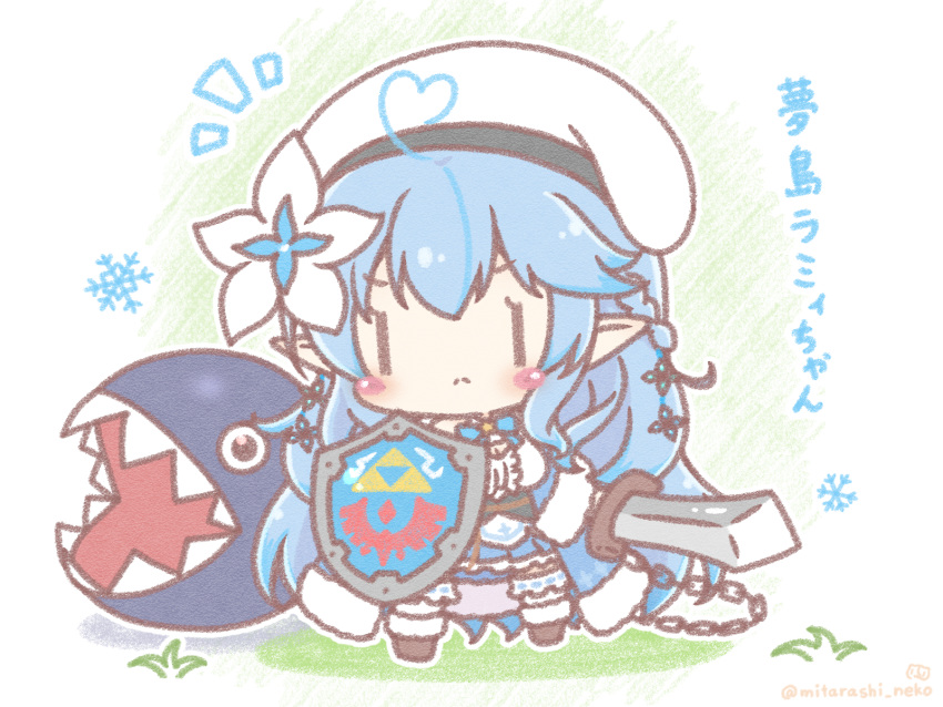 1girl ahoge bangs beret black_footwear blue_flower blue_hair blue_skirt blush_stickers braid breasts chain chain_chomp chibi cleavage closed_mouth commentary_request crossover eyebrows_visible_through_hair flower full_body fur-trimmed_sleeves fur_trim hair_between_eyes hair_flower hair_ornament hat heart_ahoge highres holding holding_sword holding_weapon hololive hylian_shield light_frown long_hair long_sleeves mario_(series) medium_breasts mitarashi_neko_(aamr7853) multicolored_hair notice_lines pleated_skirt pointy_ears ribbon-trimmed_legwear ribbon_trim shield skirt snowflakes socks streaked_hair super_mario_bros. sword the_legend_of_zelda translation_request twitter_username v-shaped_eyebrows very_long_hair virtual_youtuber weapon white_flower white_headwear white_legwear yukihana_lamy |_|
