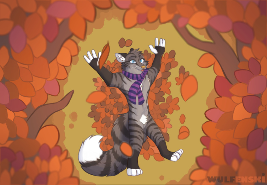 anthro autumn canid canine domestic_cat fall_(disambiguation) fatwulf faxby felid feline felis fox hi_res leaf male mammal nature outside scarf scenery solo tabby_cat tongue tongue_out zax