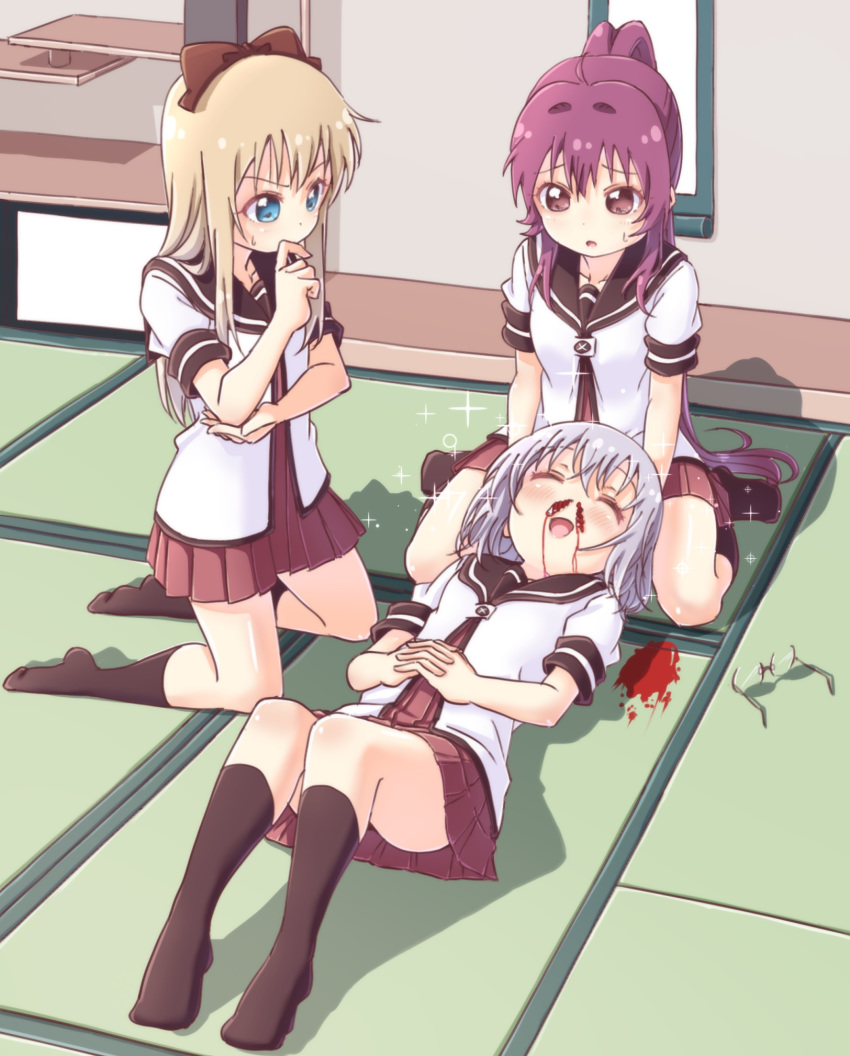 3girls :d ^_^ ahoge black_legwear blonde_hair blood blood_on_face blood_splatter blue_eyes bow closed_eyes collarbone elbow_rest eyewear_removed glasses grey_hair hair_bow hair_intakes hand_on_own_chin highres ikeda_chitose interlocked_fingers kneehighs kneeling knees_up long_hair lying medium_hair multiple_girls nanamori_school_uniform nosebleed on_back open_mouth pontasu ponytail purple_eyes purple_hair sailor_collar school_uniform shadow shiny shiny_hair shiny_skin short_sleeves sitting smile sparkle sugiura_ayano sweatdrop thighs thinking tissue toshinou_kyouko wariza yuru_yuri