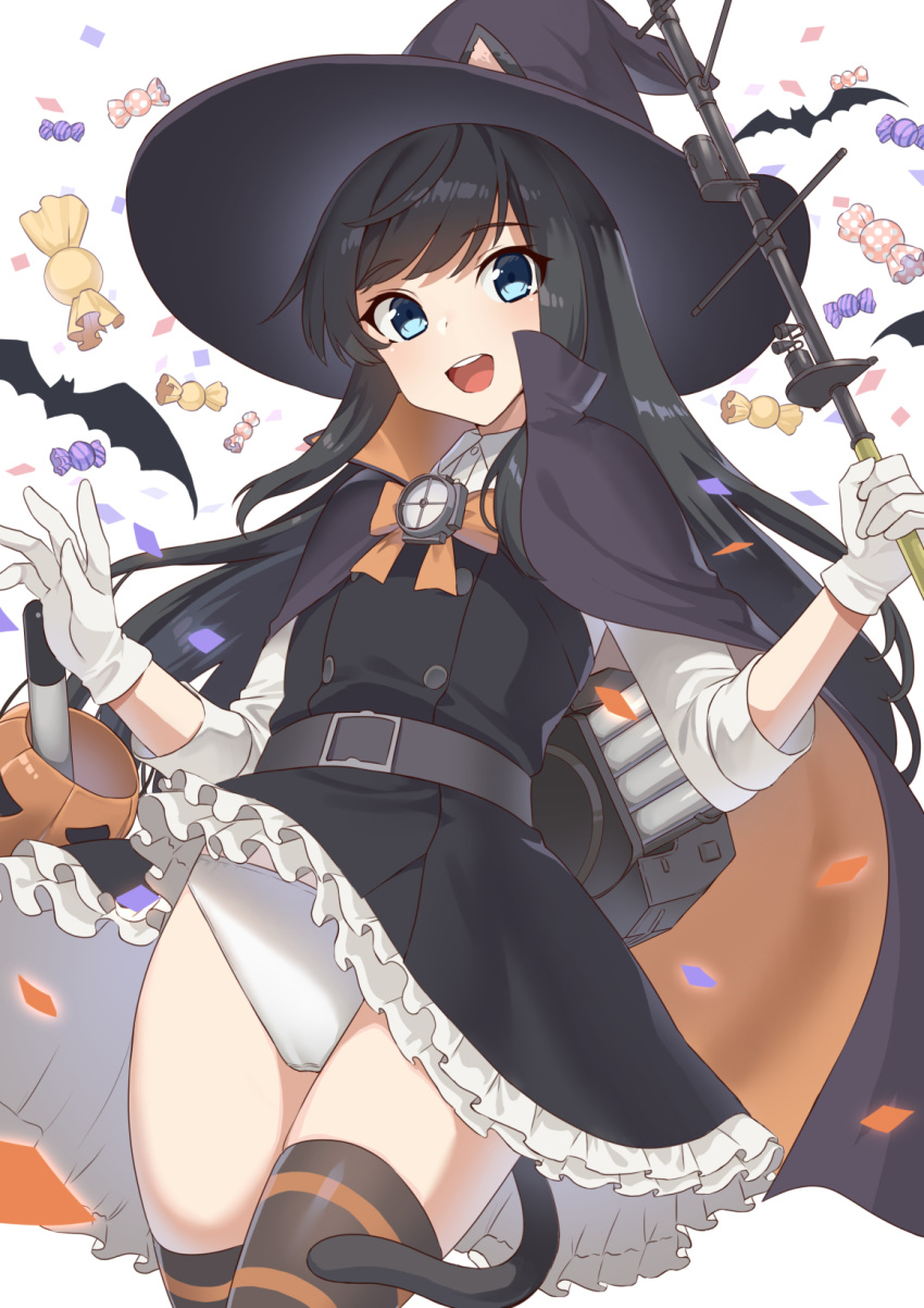 1girl animal_ears asashio_(kantai_collection) bat belt black_belt black_dress black_hair black_legwear blue_eyes candy cape cat_ears cat_tail dress dress_lift food gloves halloween hat highres kantai_collection long_hair long_sleeves mizuki_eiru_(akagi_kurage) open_mouth panties petticoat pinafore_dress school_uniform shirt smile solo striped striped_legwear tail thighhighs torpedo_launcher underwear white_gloves white_panties white_shirt witch_hat