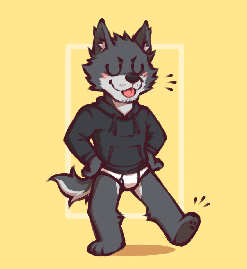 anthro black_clothing black_hoodie black_topwear blep briefs canid canine canis clothing drawyourfursona flunky flunky_(character) hi_res hoodie hoodie/briefs_meme male mammal meme meme_clothing simple_background solo standing tongue tongue_out topwear underwear white_clothing white_underwear wolf