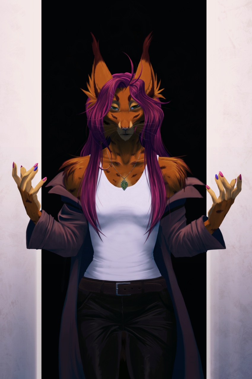 2017 5_fingers absurd_res anthro breasts felid feline female fingers hair hi_res looking_at_viewer lynjox lynx lynxyjones mammal purple_hair simple_background smile solo standing